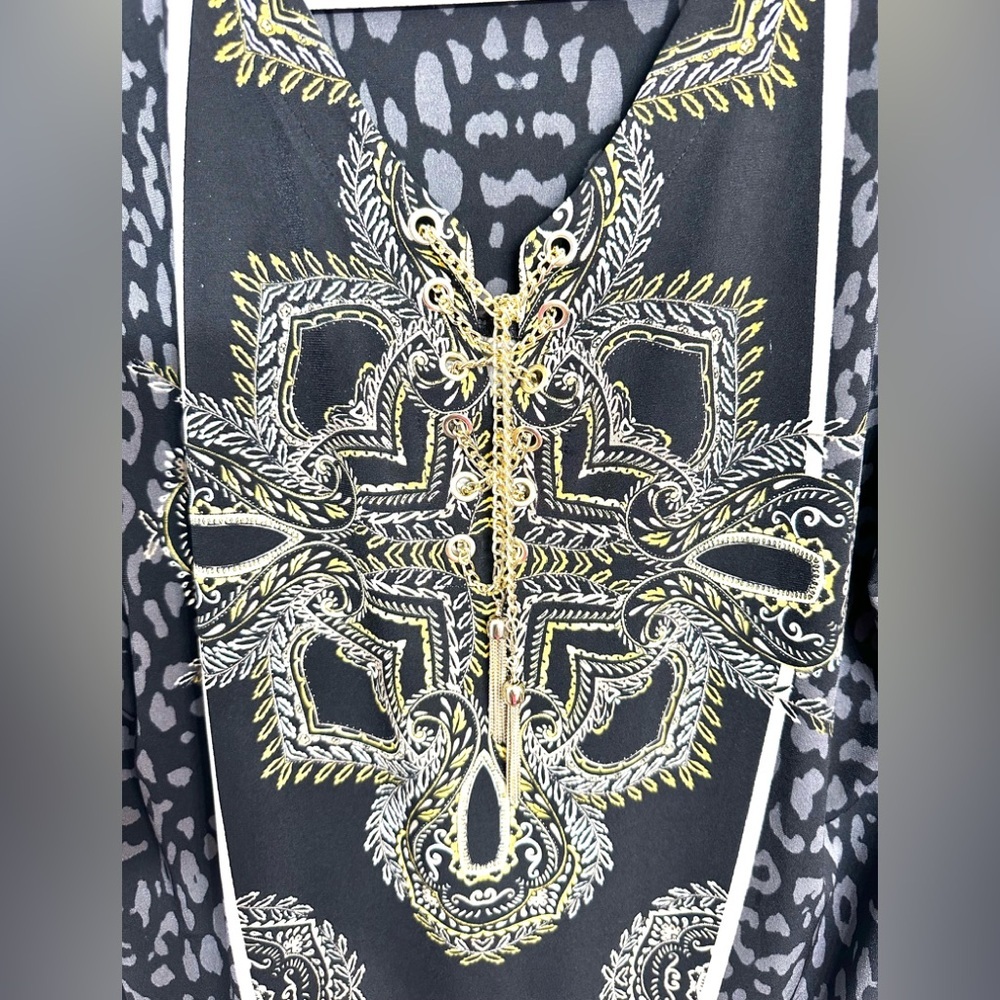 JM Collection Y2K Leopard-Panther Print w/Gold Chain Front Closure Blouse P/XL - Picture 3 of 11